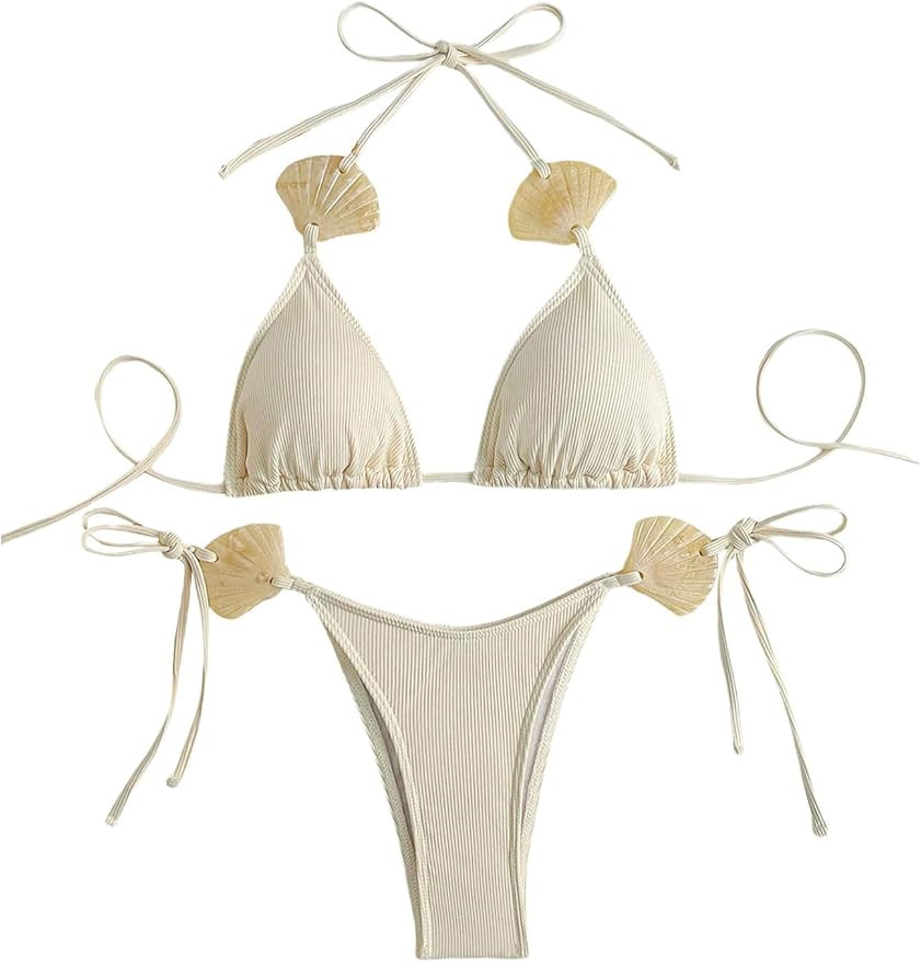 Women's 2 Piece Swimsuits Shell High Cut Halter Triangle String Boho Bikini Bathing Suit | Amazon (US)