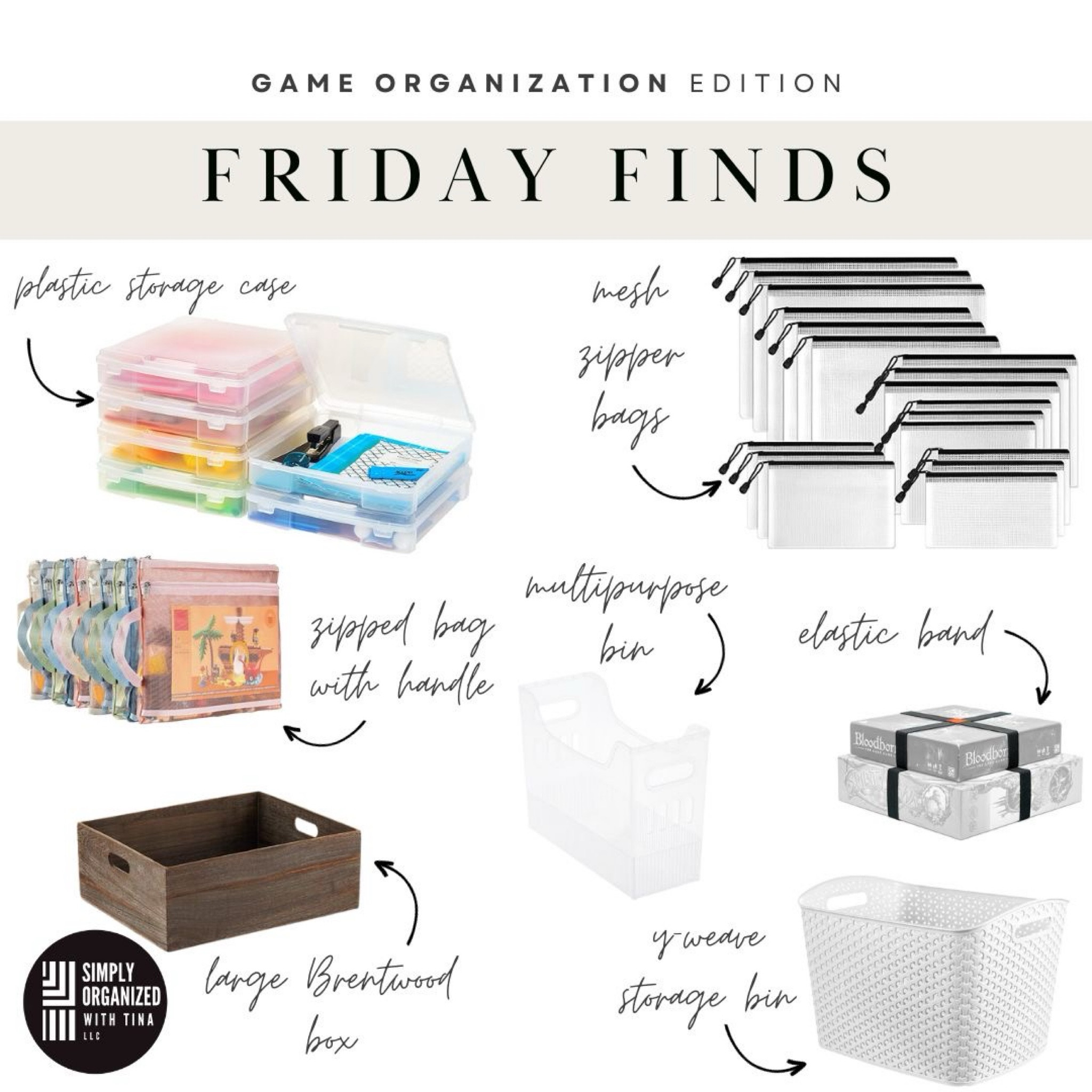 Let the games begin! Get ready for all your upcoming family and friend gatherings this holiday season by tackling your game storage.  We have everything you need to transform your game organization before your company arrives! 
Here are some of the items we love using to keep pieces together and ready for fun: 

▪️ Zipped mesh bags- These bags are perfect for card-style games, puzzles, or games! 
▪️ Plastic storage case- These plastic storage cases easily store vertically making it easy to get those games out of broken boxes and file neatly in your cabinet or closet storage. 
▪️ Zipped bags with handles- Perfect for smaller games with little parts or instructional books; we love these bags for Lego sets too! 
▪️ Y-weave bins- Versatile bins to easily corral your zipped bags to grab and take to the game table. 
▪️ Large Brentwood bins- These wooden bins are a great option for open-style game storage 
▪️ Multipurpose bins- Another storage option for boards or games in zipped bags
▪️ Elastic box band - Elastic bands will help those large game boxes secured in storage or on-the-go

#LTKparties #LTKfamily #LTKhome