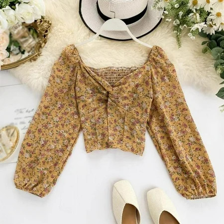 FYCONE Women V-neck Shirt Short Waist Thin Puff Sleeve Floral Blouse Chiffon Shirts Clothes | Walmart (US)