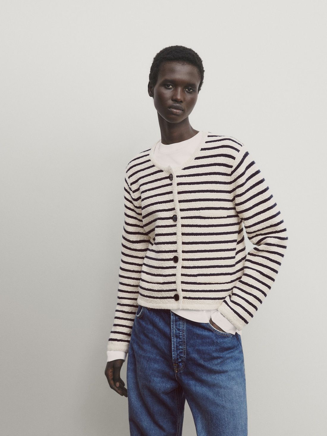 Striped knit textured cardigan with buttons | Massimo Dutti UK