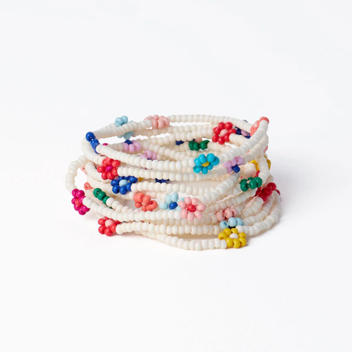 Sage Multi-Color Flower Beaded 10 Strand Stretch Bracelets Ivory | INK+ALLOY