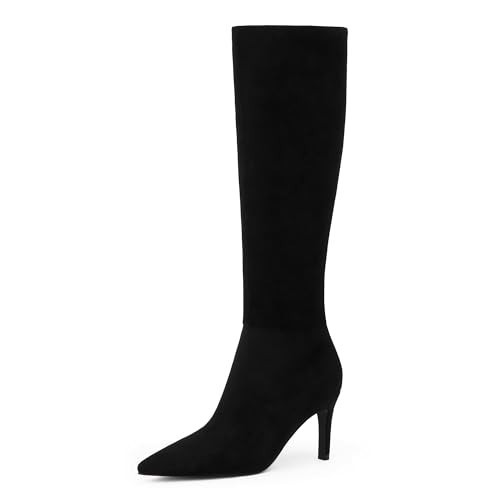 Modatope Black Suede Boots for Women 3 In Stiletto High Heeled Tall Boots Pointed Toe Fall Long Boots Size 11 | Amazon (US)
