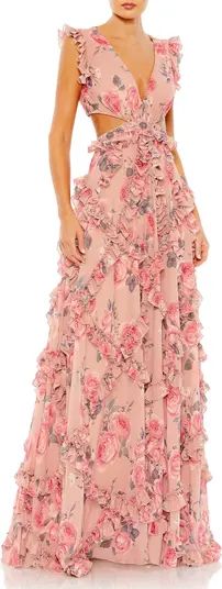 Floral Ruffle Cutout Chiffon A-Line Gown | Nordstrom