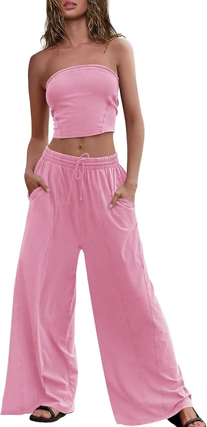Panadila Womens Summer Lounge Sets 2 Piece Outfits Tube Top and Wide Leg Pants Matching Set Beach... | Amazon (US)