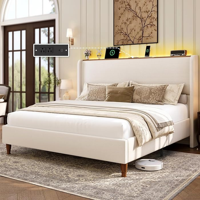 LARMACE King Size Bed Frame, Linen Upholstered, Beige | Amazon (US)
