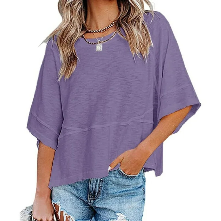 Summer Oversize Women Solid Color Half Sleeve Loose Shirt Tee Casual Tops | Walmart (US)