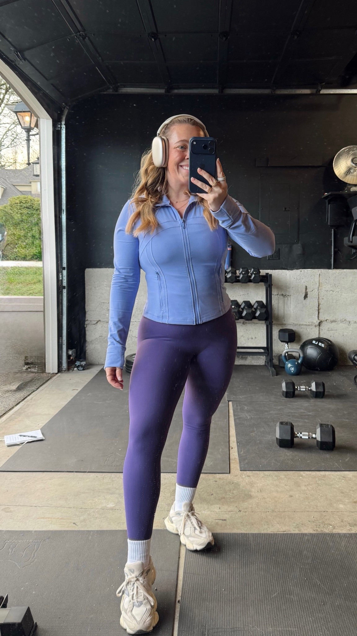 Midsize Gym Outfit of the Day 💜👟💪🏻🎧 Wearing a size Large legging 

Size 10/12 | M/L | 5’3” 

Exact jacket is N/A so I linked a similar one 🫶🏻

#LTKMidsize #LTKfitnessgoals #LTKActive