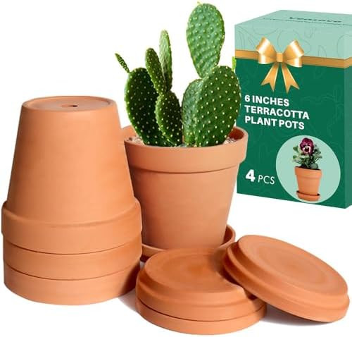 vensovo 6 Inch Terracotta & Clay Pots for Plant with Saucer - 4 Pack Medium Terra Cotta Planter w... | Amazon (US)