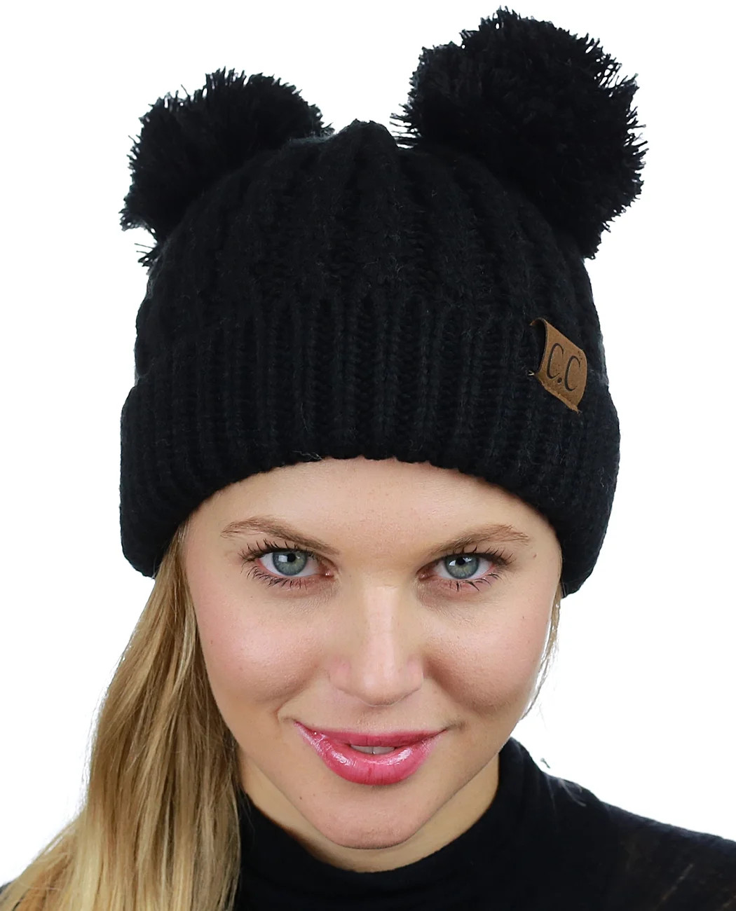 C.C 2 Ear Pom Pom Cable Knit Soft Stretch Cuff Skully Beanie Hat, Black | Walmart (US)