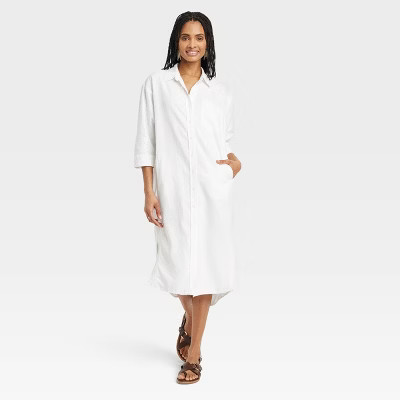 Women's 3/4 Sleeve Midi Shirtdress - Universal Thread™ White M: Linen Rayon Blend, Front Button... | Target