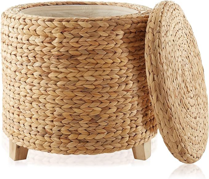 Casafield 17" Round Storage Ottoman with Lid - Natural, Handwoven Water Hyacinth Footstool for Li... | Amazon (US)