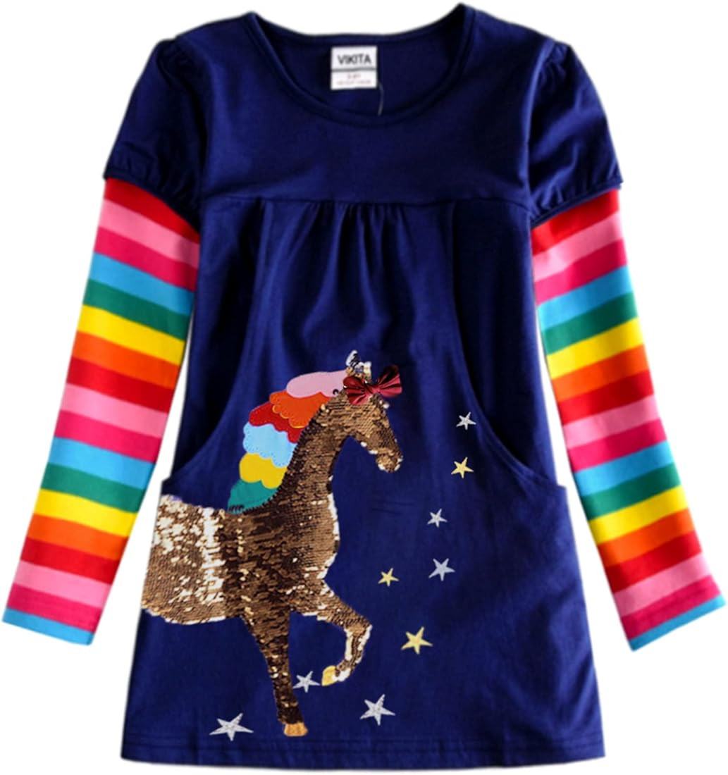 DXTON Little Girl Dresses Cotton Long Sleeve Stripe Cute Animal Pocket JerseyDress Clothing | Amazon (UK)