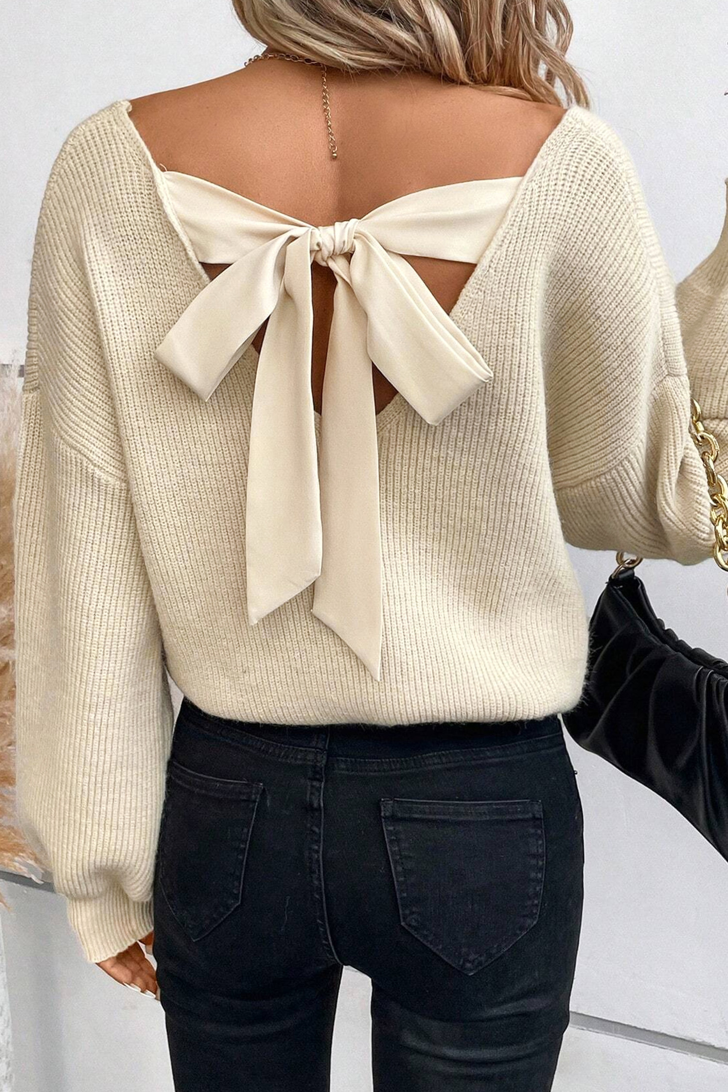 Long Sleeve V-Neck Bow Sweater - XL | Cupshe US