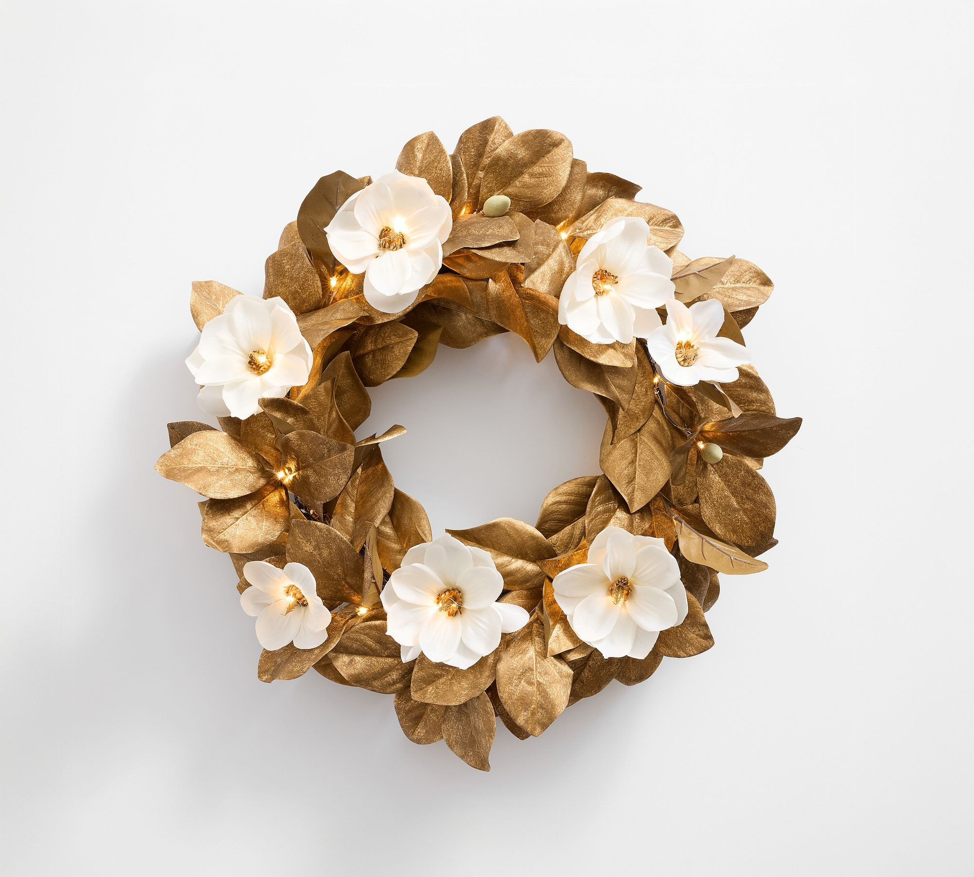 Faux Lit Gold Magnolia Leaf Wreath & Garland