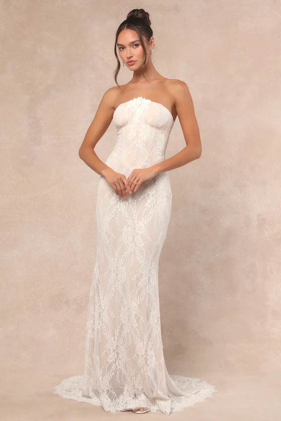Valeria White Lace Strapless Bustier Maxi Dress | Lulus