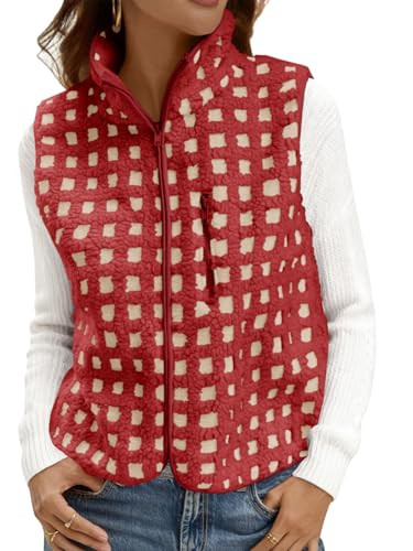Tankaneo Womens Checkered Sherpa Vest Fleece Fuzzy Zip Up Sleeveless Jacket Casual 2025 Winter Warm Outwear | Amazon (US)