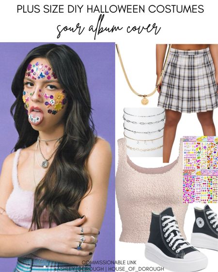 Plus size Halloween costume ideas: Olivia Rodrigo's SOUR album cover

Items needed: 
Plaid mini skirt, fuzzy crop tank top, stickers for your face, chokers + smiley face necklace, shoes of your choice (we like these platform converse all-stars!)

#LTKbeauty #LTKHalloween #LTKcurves