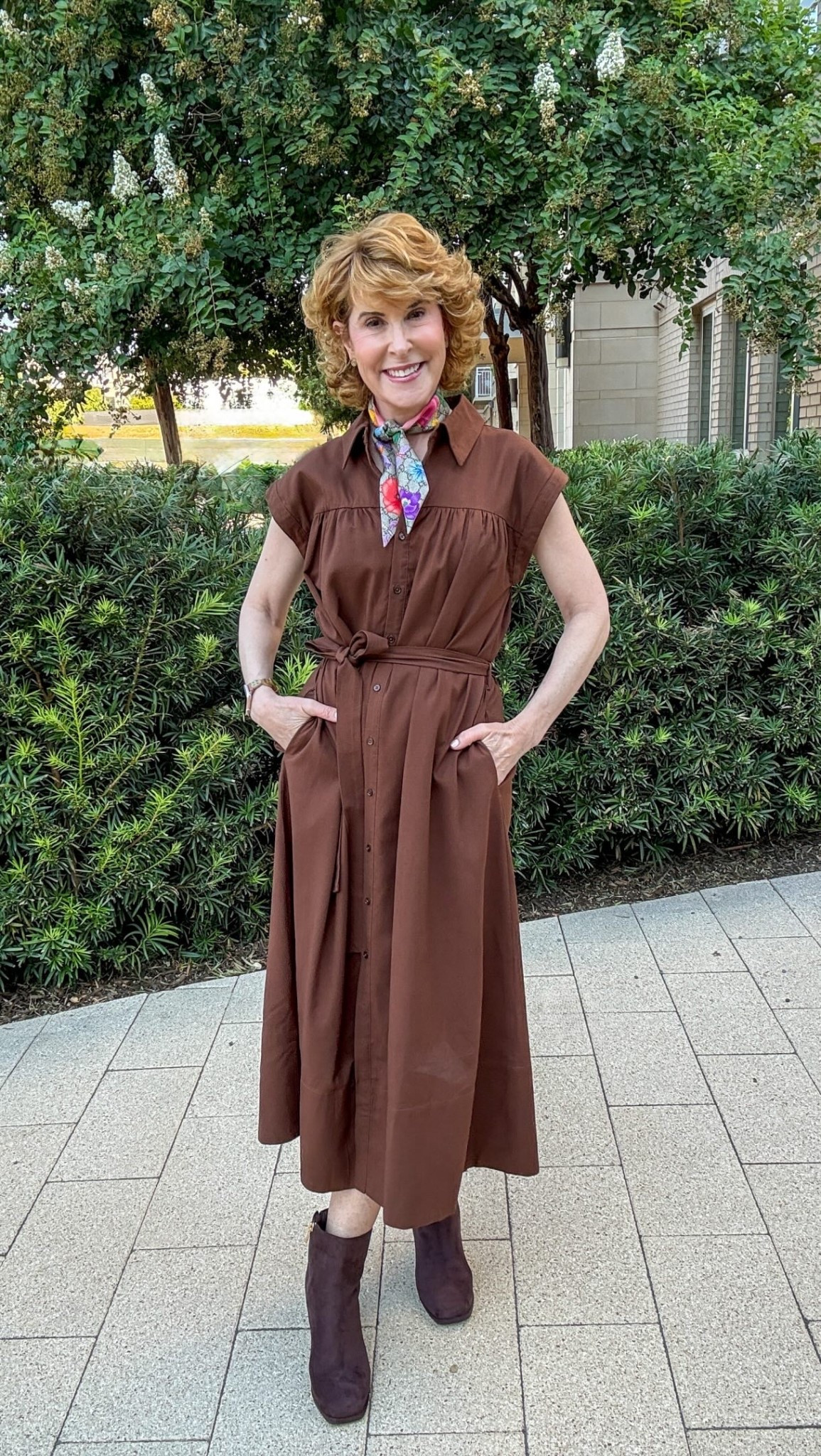 I refuse to sweat for the sake of fall fashion. 😂

This linen-blend shirtdress gives me all the fall color I’m craving while still making sense when it’s HOT outside. And right now, it’s 30% off!

I paired it with square-toe faux suede booties, and that roomy toe box makes such a difference in how comfortable they are. Also, notice that the browns don’t match perfectly. They don’t need to! When you’re dressing monochromatically, mixing slightly different shades and textures actually makes the whole look more interesting. Linen blend + faux suede = totally fine in my book.

Then I added a Gucci twilly and crystal studs for a little designer fun without the designer-bag price tag. Those kinds of small details are such an easy way to play with your style in the empty nest, and I am ALL about having more fun with our clothes at this stage of life!

#LTKootd #LTKSaleAlert #LTKOver40