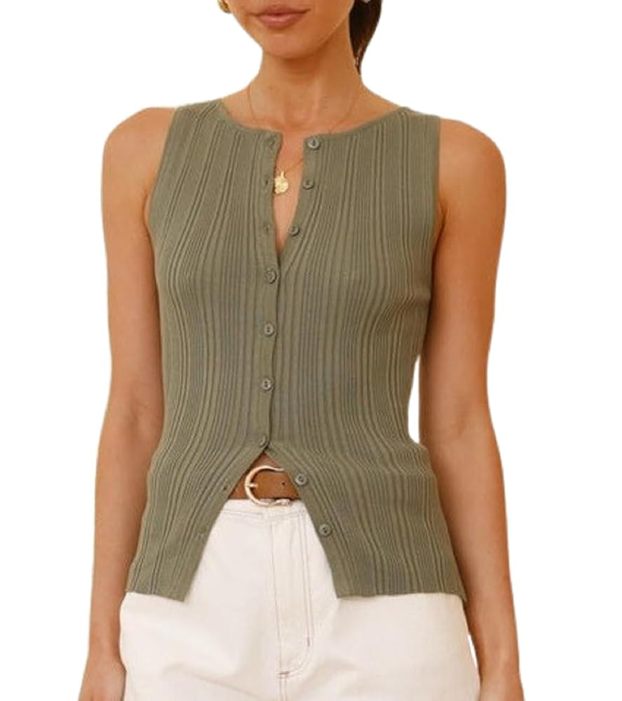 Women Button Down Tank Vest Casual Slim Fit Sleeveless Ribbed Knit Shirt Y2k Skinny Going Out Cre... | Amazon (US)