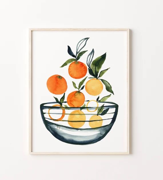 Oranges in Bowl Watercolor Print Kitchen Art - Etsy | Etsy (US)