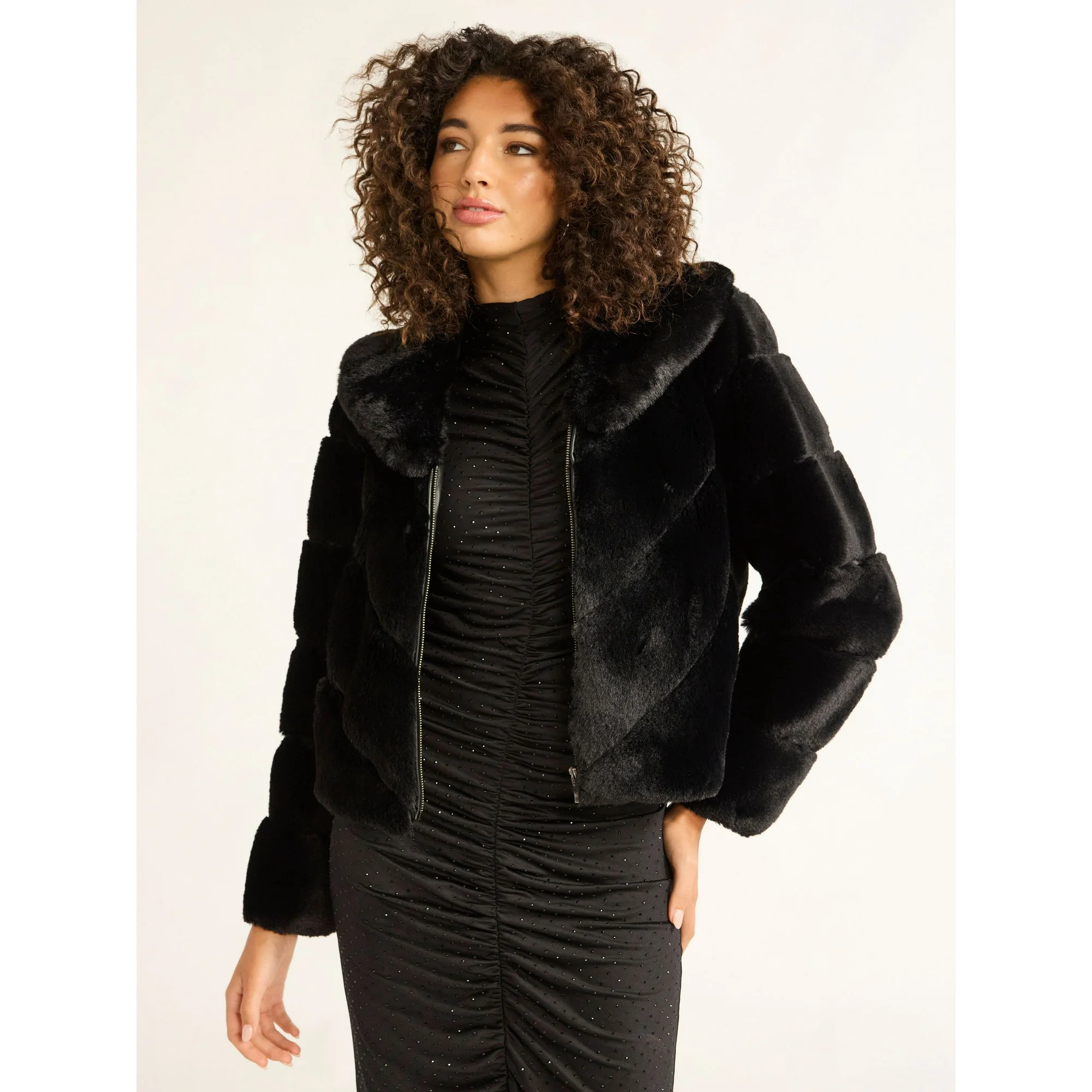 Sofia Jeans Women's and Women's Plus Faux Fur Chubby Jacket, Sizes XS-5X | Walmart (US)