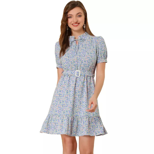 Allegra K Women's Ruffle Neck Tie Neck Bubble Sleeve Belted Ruffle Hem Floral Dress | Target