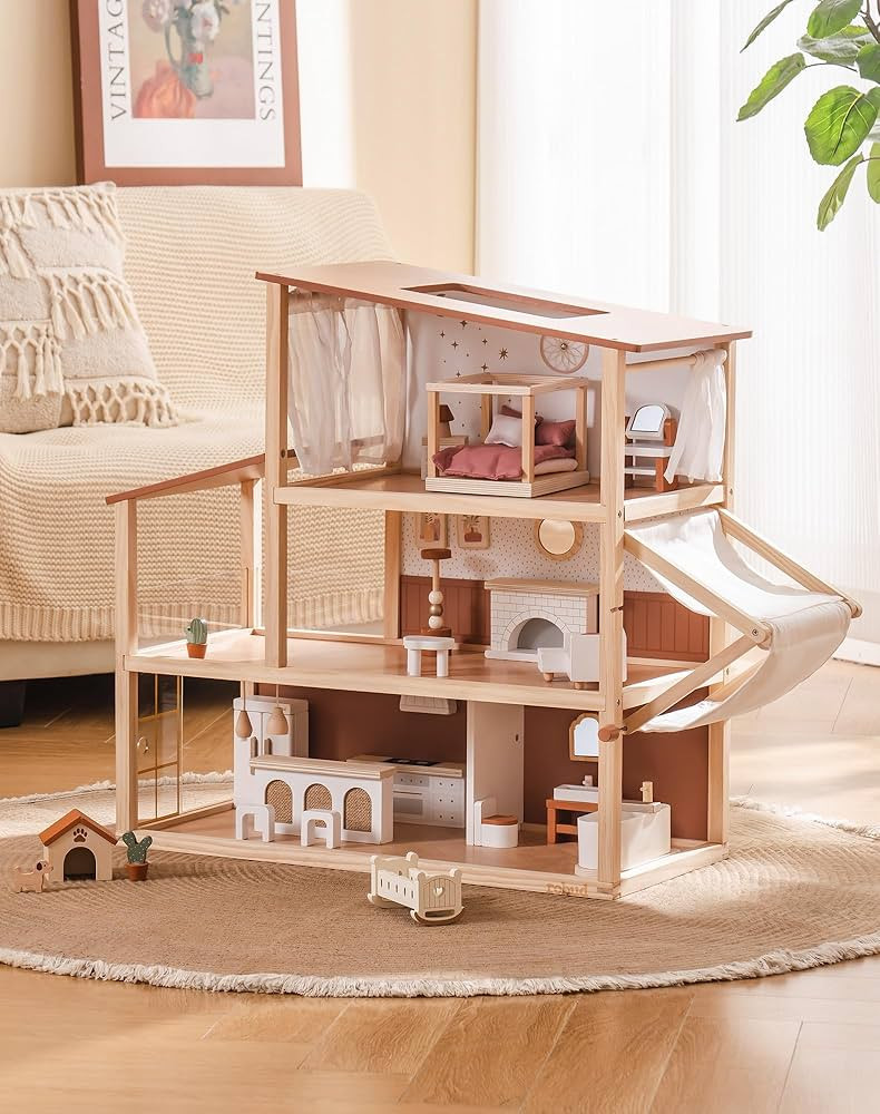 ROBUD Doll House - Wooden Bohemian Dollhouse with Realistic Design, Includes 37 Pieces of Furnitu... | Amazon (US)