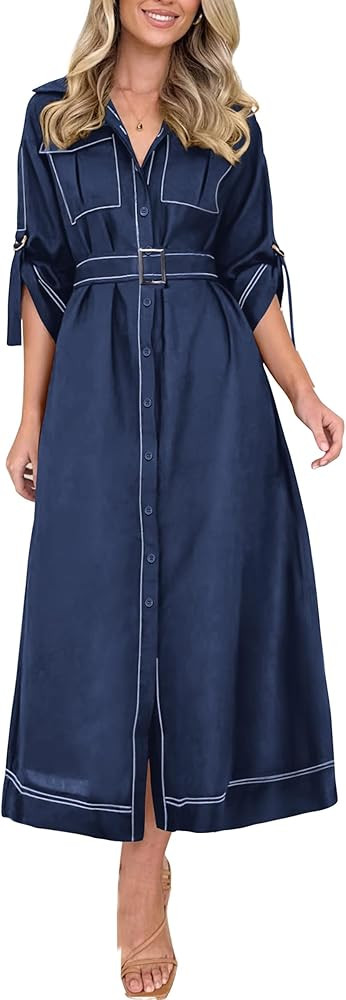 PRETTYGARDEN Women's Maxi Shirt Dress Casual 3/4 Sleeve Button Down Lapel V Neck A Line Belted Lo... | Amazon (US)