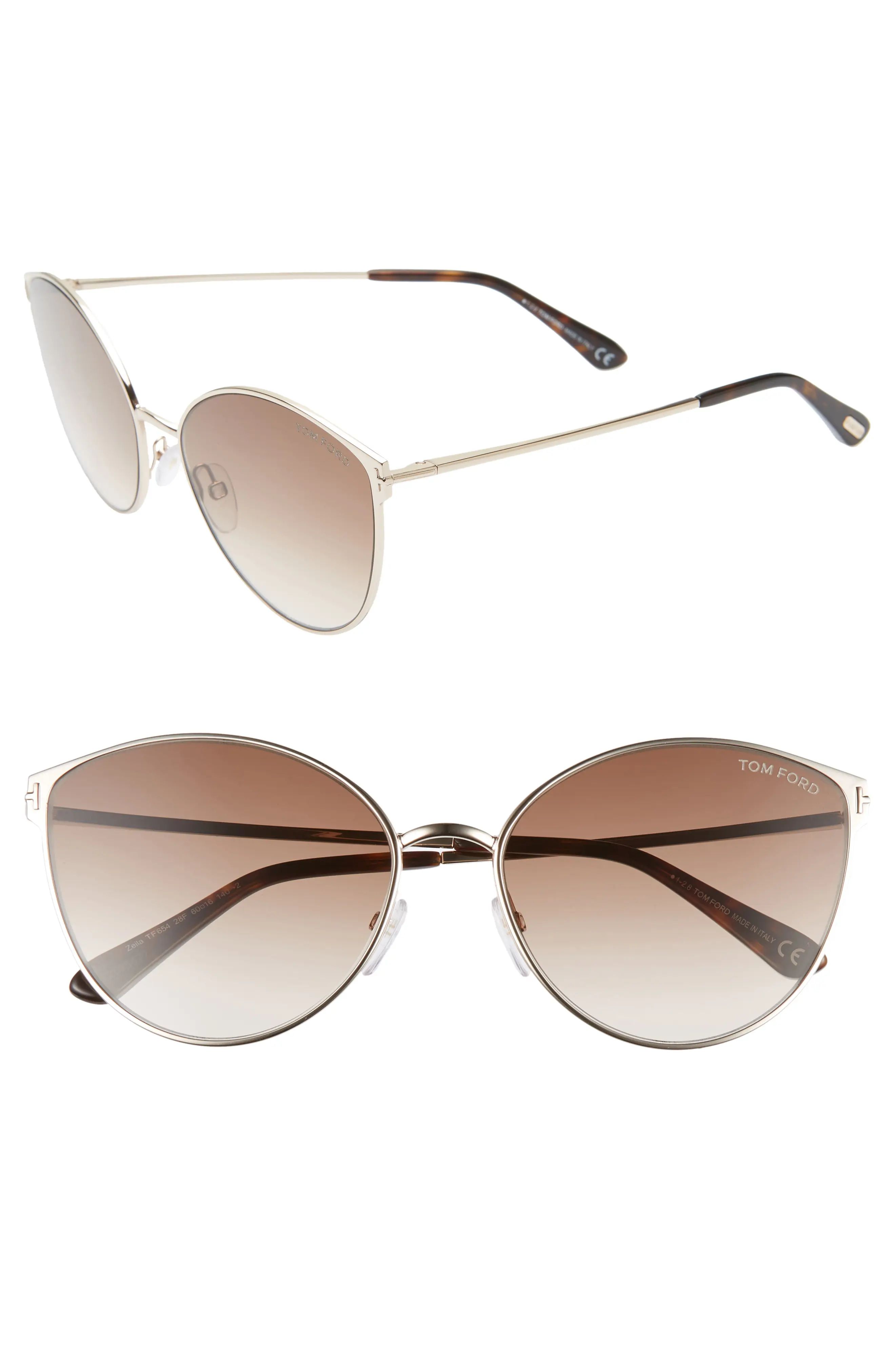 Women's Tom Ford Zeila 60Mm Mirrored Cat Eye Sunglasses - Rose Gold/ Dark Havana/ Brown | Nordstrom