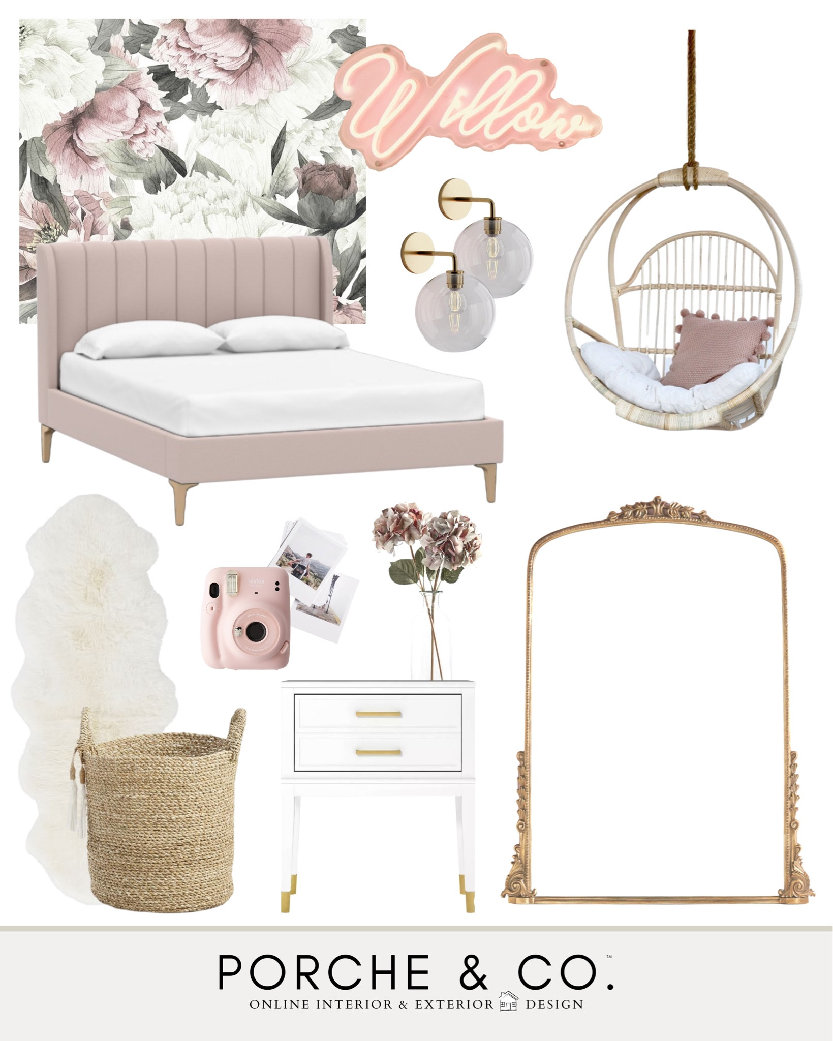 Girl’s bedroom inspo, girl’s bedroom mood board, little girl’s bedroom, bedroom decor, upholstered bed, velvet bed, floral wallpaper, brass floor mirror #girlsbedroom #moodboard 

#LTKhome #LTKfamily #LTKstyletip