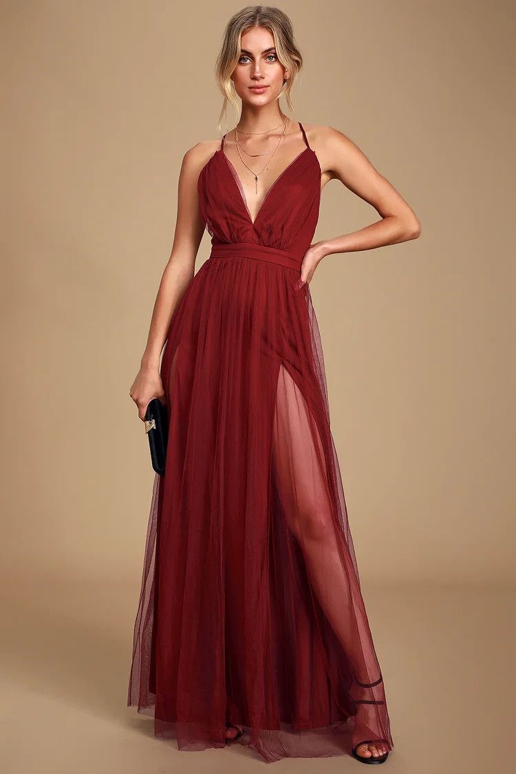 Rare Beauty Burgundy Tulle Backless Maxi Dress Holiday Wedding Guest Dress Christmas Wedding Guest  | Lulus (US)