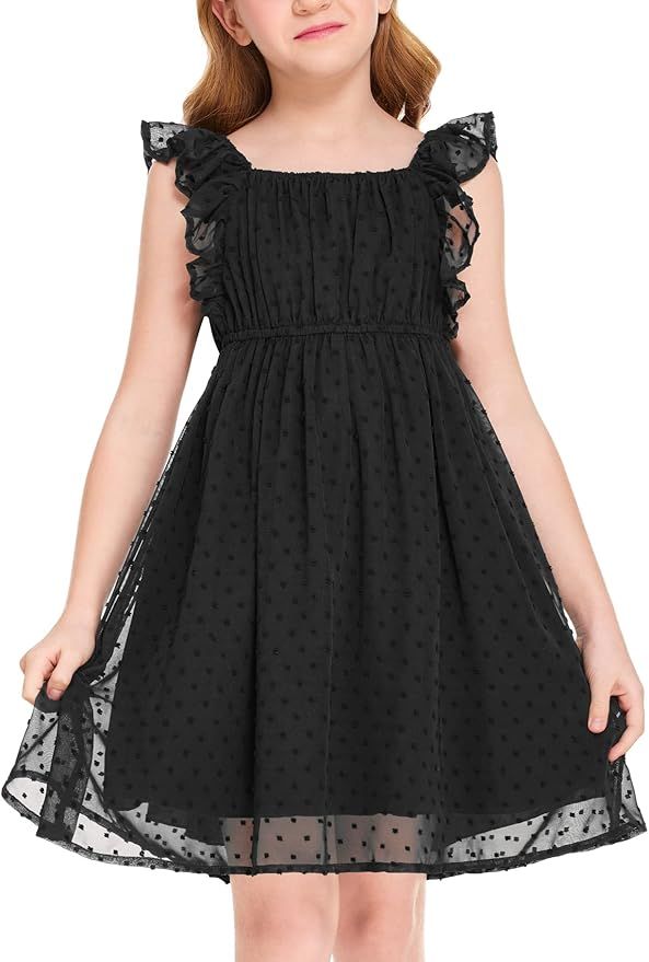 Flypigs Girls Ruffle Sleeve Swiss Dot Dress Stretchy A-Line Flutter Sleeve Casual Dress for 5-12 ... | Amazon (US)