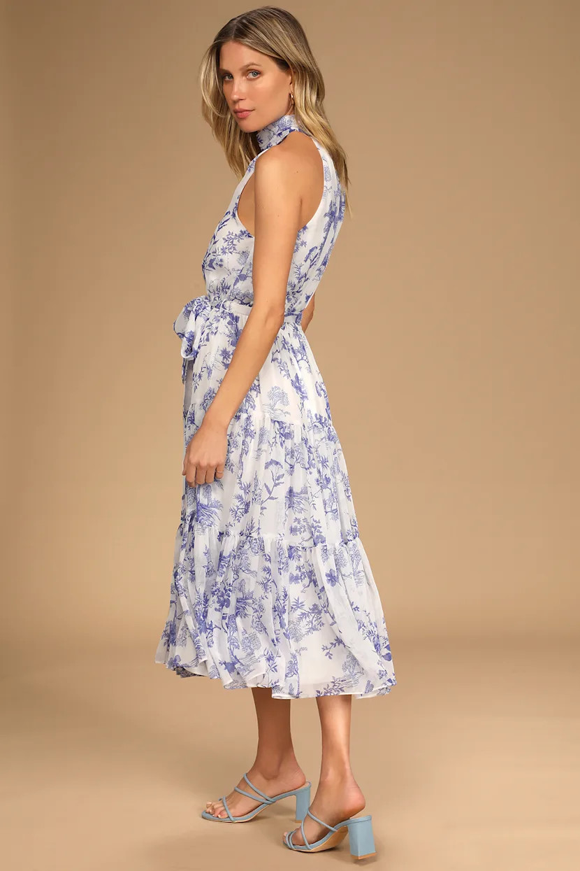 Float to You White Floral Print Halter Tiered Midi Dress | Lulus