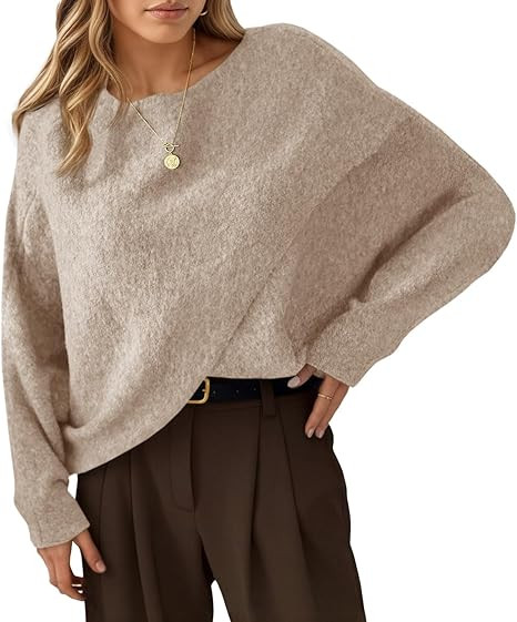 Saodimallsu Womens Oversized Batwing Sweaters Long Sleeve Crew Neck Poncho Slouchy Knit Asymmetri... | Amazon (US)