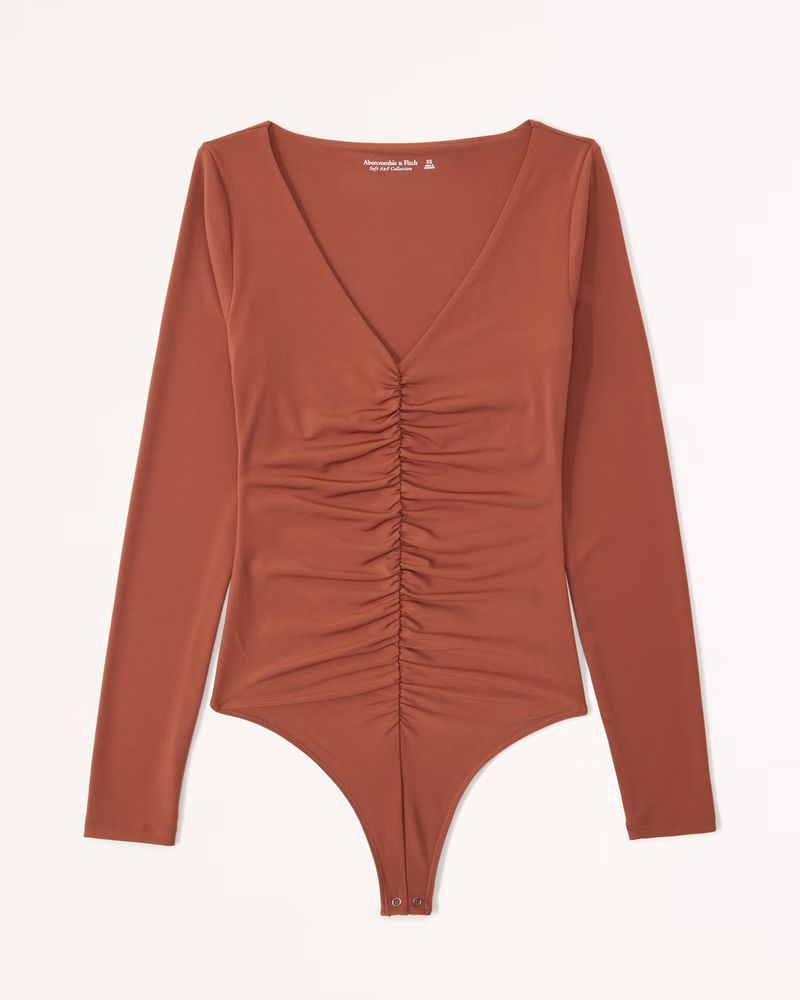 Women's Long-Sleeve Ruched V-Neck Bodysuit | Women's New Arrivals | Abercrombie.com | Abercrombie & Fitch (US)