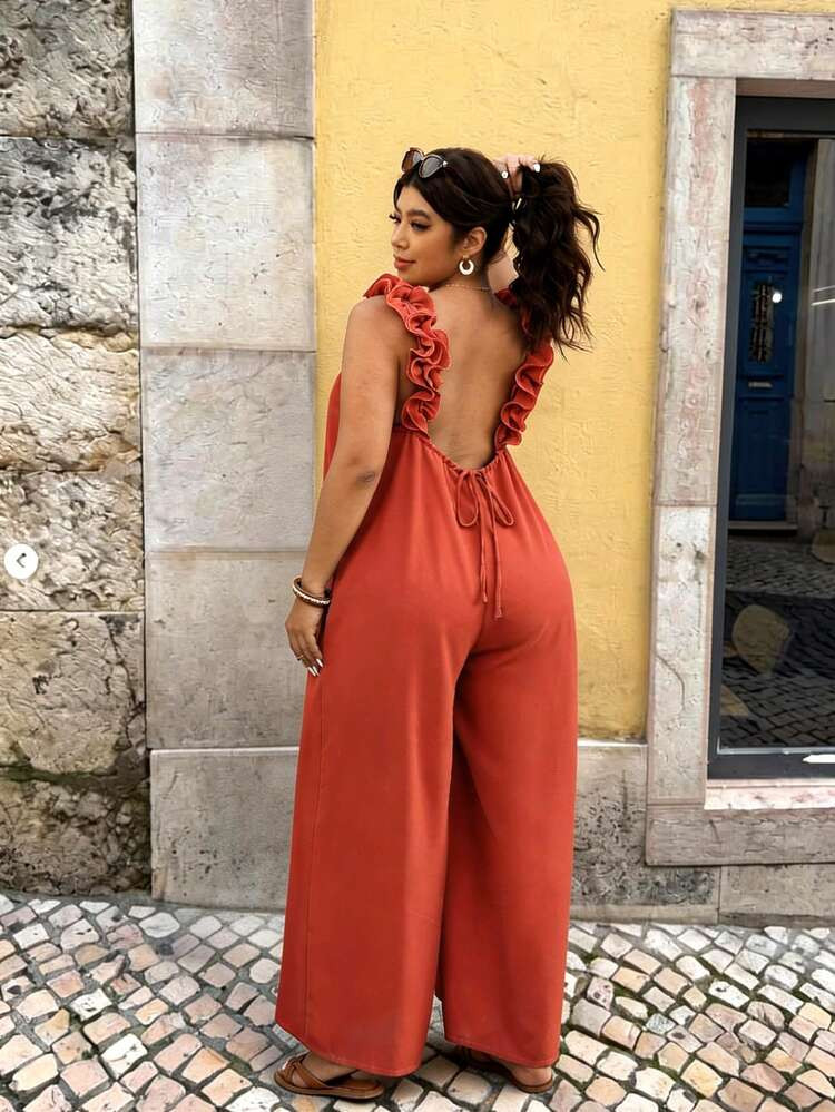 Elaquor Plus Size Casual Solid Color Backless Wide Leg Jumpsuit | SHEIN
