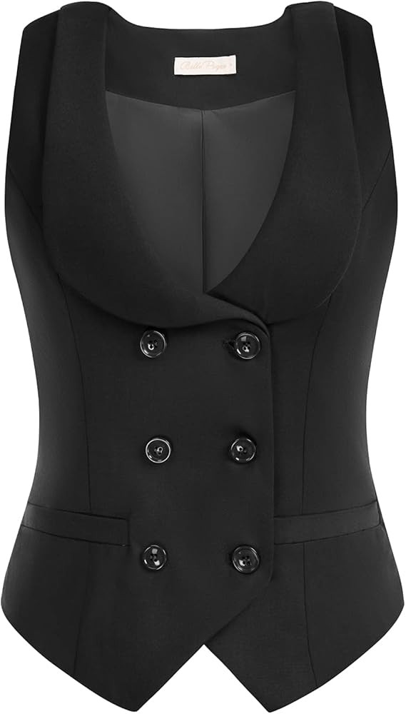 Belle Poque Women Double Breasted Waistcoat Vintage Lapel Collar Vest Coat with 2 Pockets | Amazon (US)