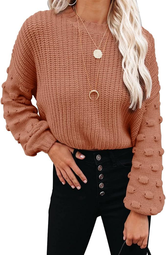 Tutorutor Womens Crew Neck Pom Pom Sleeve Pullover Sweaters Oversized Batwing Sleeve Chunky Knit ... | Amazon (US)