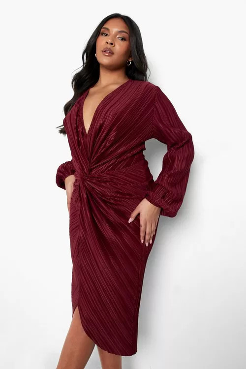 Plus Plisse Twist Front Midi Dress | Boohoo.com (US & CA)