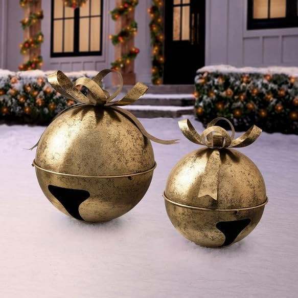 Gold Oversized Jingle Bell D\u00e9cor Set of 2 with Antique Finish, Large and Medium Bells for In... | Amazon (US)