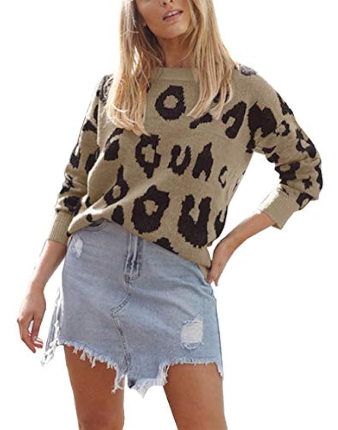 BTFBM Women Casual Leopard Print Crew Neck Long Sleeve Loose Fit Knit Fashion Sweater Pullover Tops | Amazon (US)