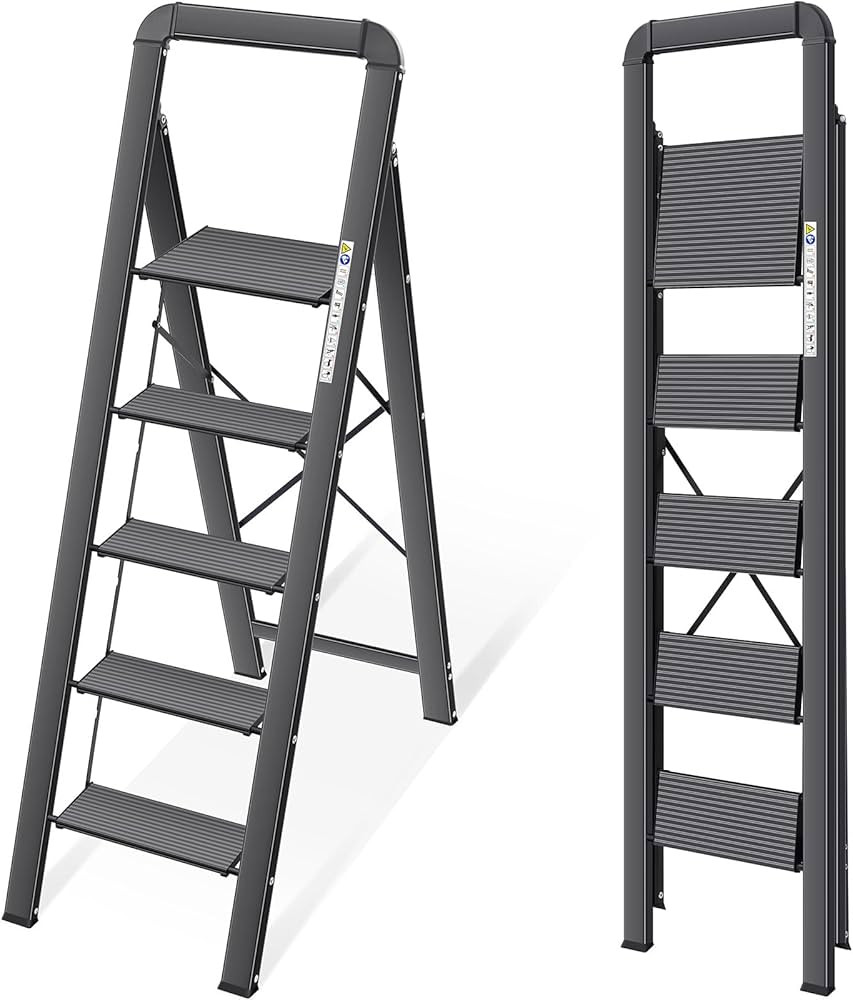 KINGRACK Aluminium 5 Step Ladder, Lightweight Step Stool with Non-Slip Pedals, Handrail, Folding ... | Amazon (US)