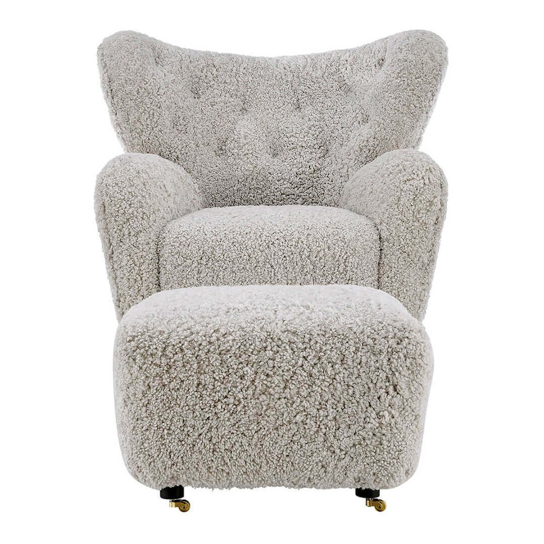 Flemming Lassen The Tired Man Lounge Chair & Footstool in Genuine Sheepskin-Grey Mist | Eternity Modern