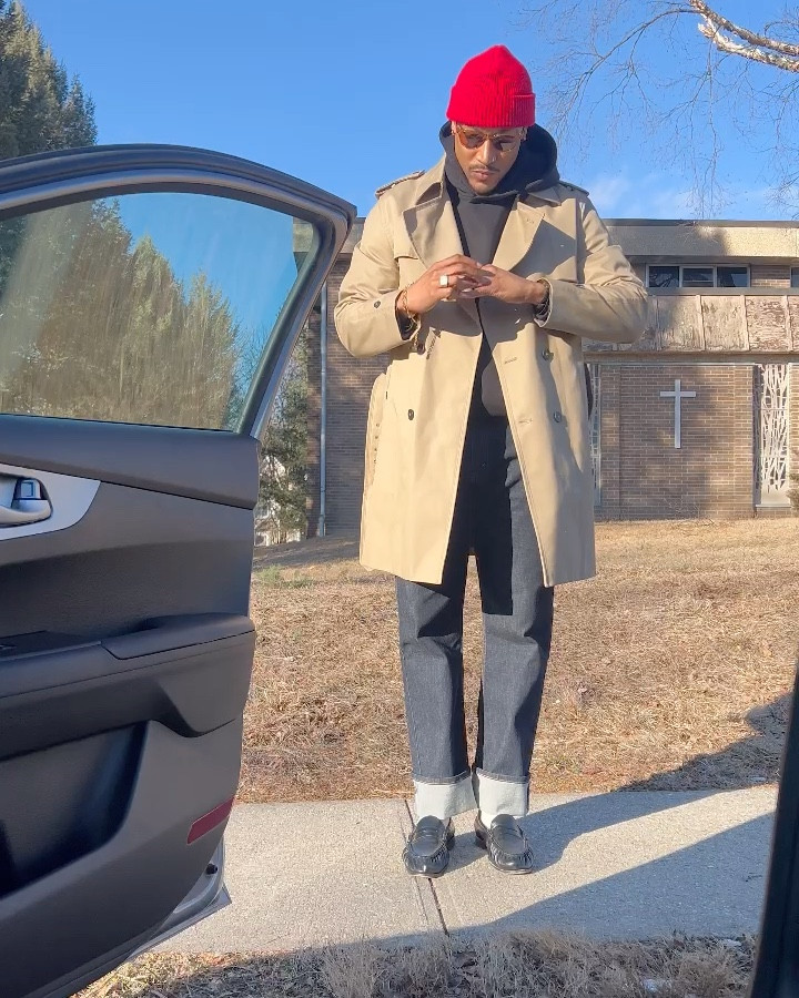 Beige trench, black hoodie, red beanie-color theory in motion. 🎨

#LTKStyleTip #LTKMens