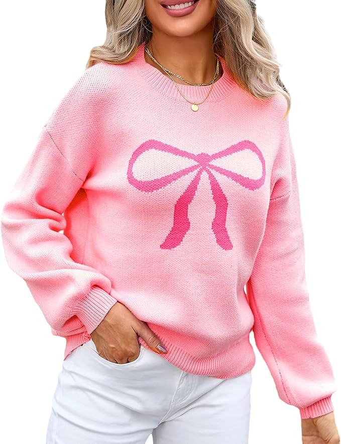 Women Y2K Fall Sweater Cute Bow Print Long Sleeve Cable Knit Pullover Casual Oversized Jumpers fo... | Amazon (US)