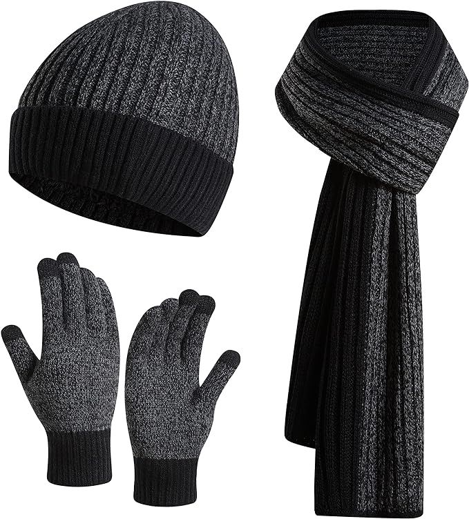 JTJFIT 3PCS In 1 Winter Warm Knit Beanie Hat+Long Scarf+Touchscreen Gloves Set with Knit Fleece L... | Amazon (US)