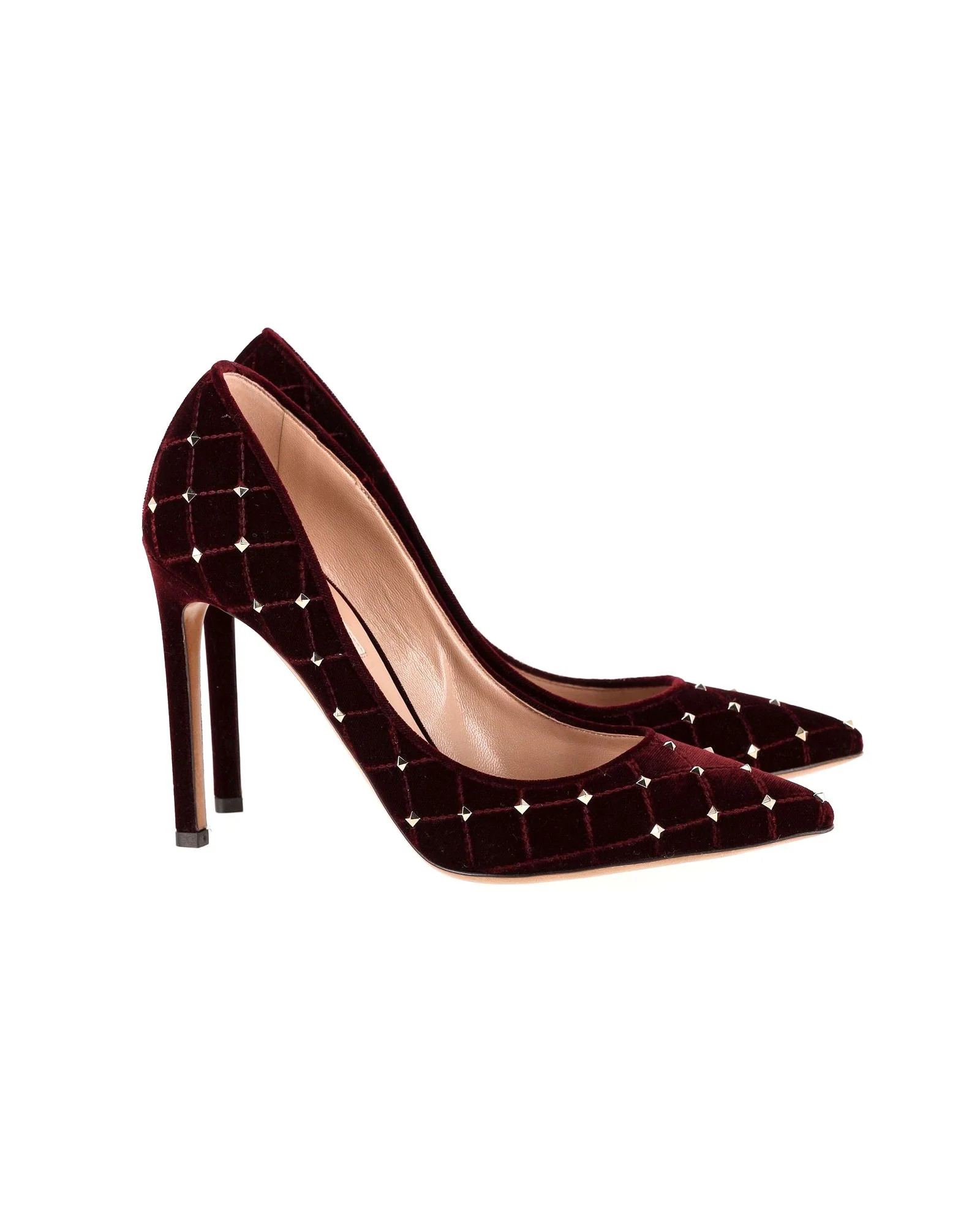 Valentino Garavani Rockstud Spike Quilted Pumps in Burgundy Velvet | Shop Simon
