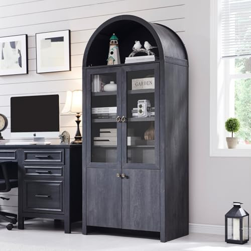71” Tall Arched Bookshelf, Modern Farmhouse Bookcase w/ Open & Adjustable Shelf, Wooden Display Cabinet with Large Hidden Drawer and Glass Doors, Versatile Bookshelf for Living Room, Bedroom, Grey | Amazon (US)