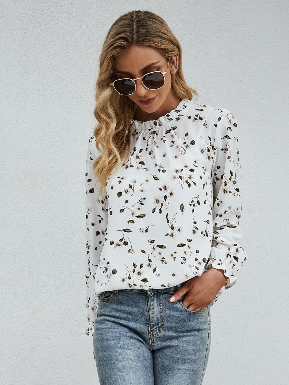 Romwe Women's Floral Print Flounce Long Sleeve Mock Neck Work Blouses Tops | Amazon (US)