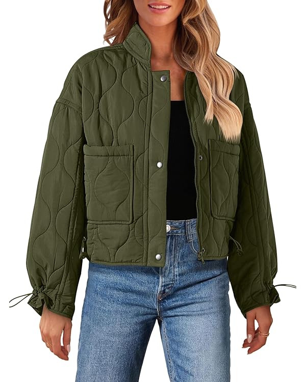MEROKEETY Women's Cropped Zip-Up Bomber Jackets Warm Quilted Long Sleeve Stand Neck Winter Coats | Amazon (US)